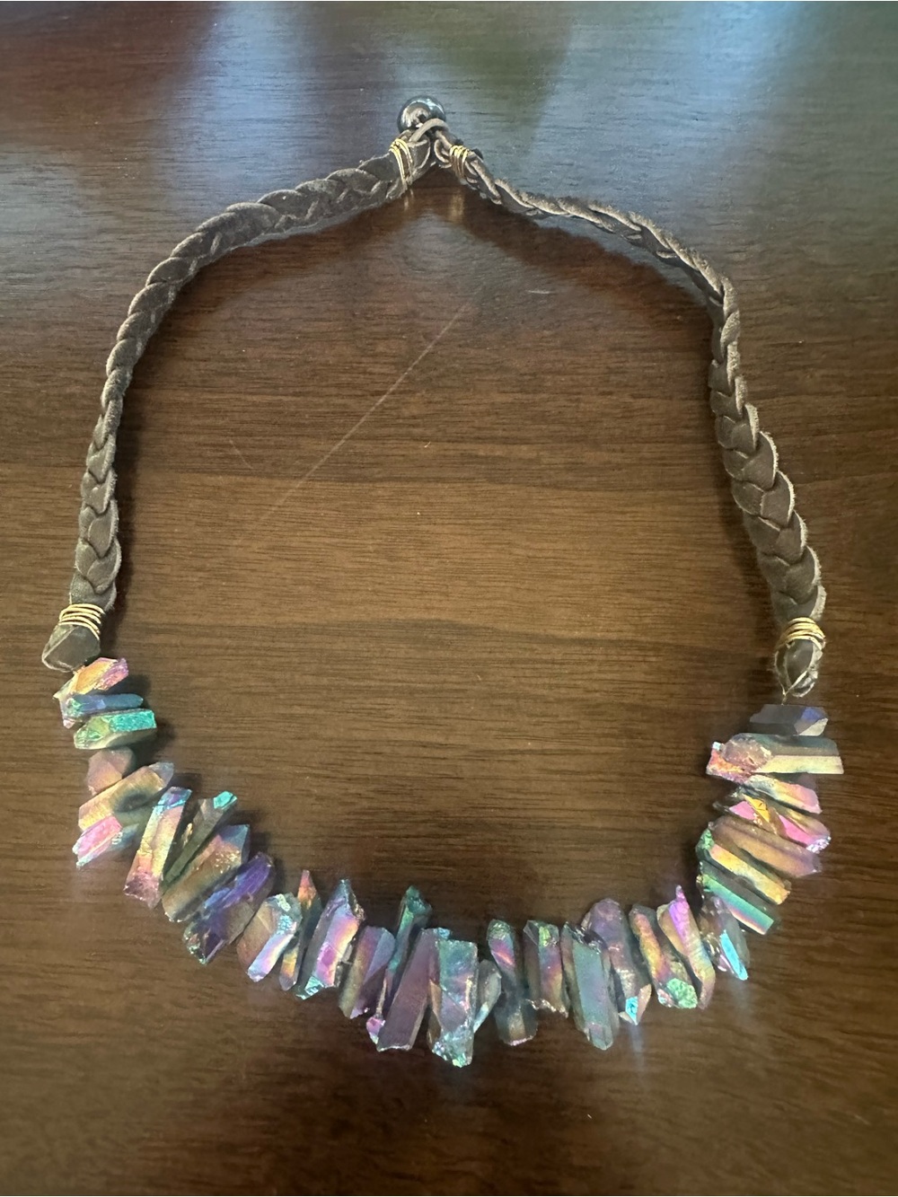 Iridescent Oil Spill Crystal Point Statement Necklace Braided Black Suede Cord